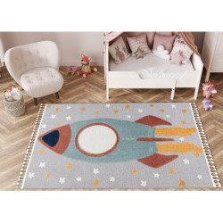 Dywan YOYO GD55 szary / niebieski - Gwiazdki, rakieta dla dzieci, strukturalny, sensoryczny Frędzle  80x150cm