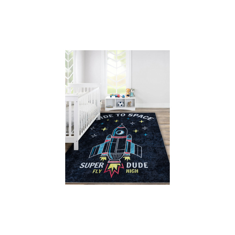 Dywan do prania JUNIOR 52069.801 Kosmos, rakieta dla dzieci, antypoślizgowy - czarny 160x220cm