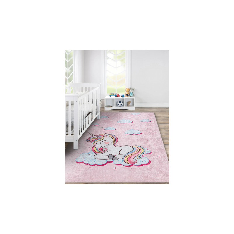 Dywan do prania JUNIOR 51855.804 Jednorożec, chmurki dla dzieci, antypoślizgowy - różowy 80x150cm