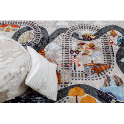 Dywan do prania JUNIOR 51986.803 Tory, lokomotywa dla dzieci, antypoślizgowy - szary 120x170cm