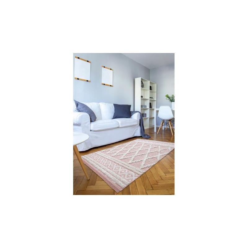 Dywan MOROC Romby 22297 Ekologiczny, EKO SIZAL frędzle - dwa poziomy runa różowy / krem, dywan z bawełny recyklingowanej 78x150cm