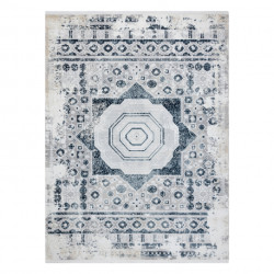 Dywan DUKE 51542 krem / niebieski - Rozeta vintage, strukturalny, bardzo miękki, frędzle 80x150cm