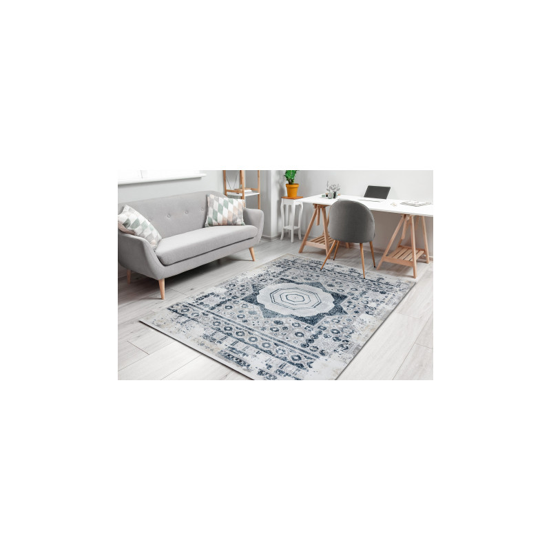 Dywan DUKE 51542 krem / niebieski - Rozeta vintage, strukturalny, bardzo miękki, frędzle  280x370cm