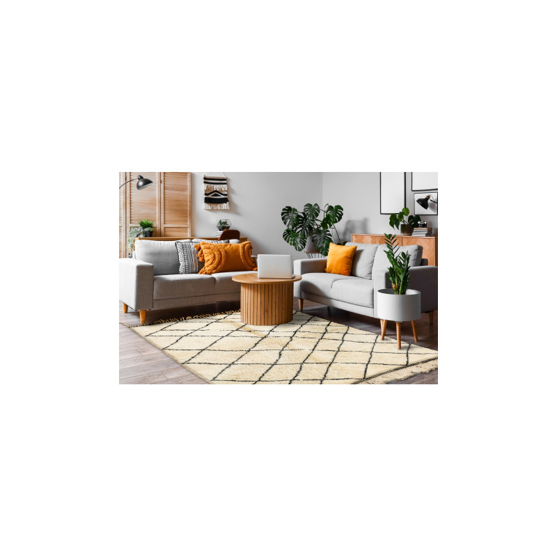 Dywan BERBER MR1943 Beni Mrirt berberyjski, ręcznie tkany z Maroka, Kratka - beż / czarny 170x245cm