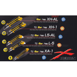 OLFA Nóż grupy Extra Heavy Duty z rękojeścią typy X-design z polimeru wypełnionego włóknem szklanym z elastomerową, antypoślizgową wkładką. Model XH-AL
