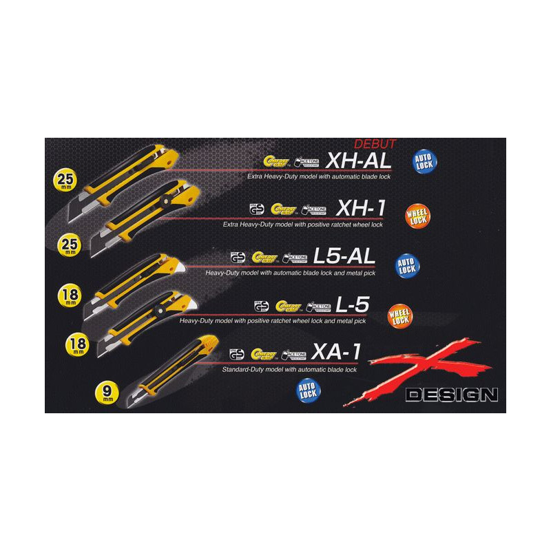 OLFA Nóż grupy Extra Heavy Duty z rękojeścią typy X-design z polimeru wypełnionego włóknem szklanym z elastomerową, antypoślizgową wkładką. Model XH-AL
