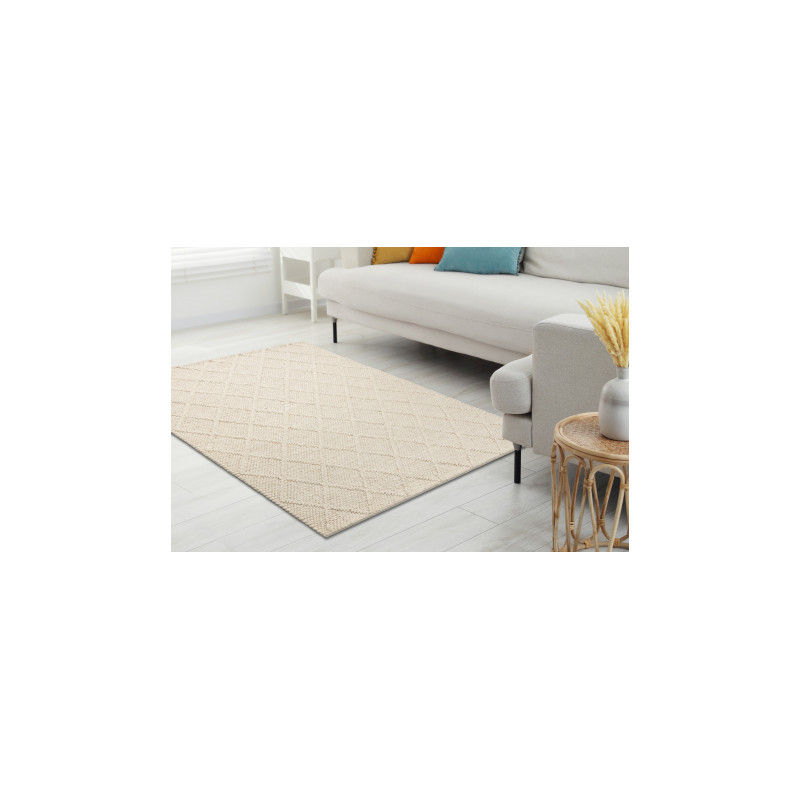 Dywan wełniany TAHAR 99001B krem - RĘCZNIE TKANY pętęlkowy, Romby, boho 120x180cm