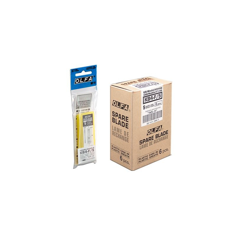 OLFA ostrza KB4-F Opakowanie jednostkowe zawiera 5 szt. ostrzy zapasowych KB4-F (prosta krawędź tnąca w kształcie dłuta) w plastikowym pudełku.