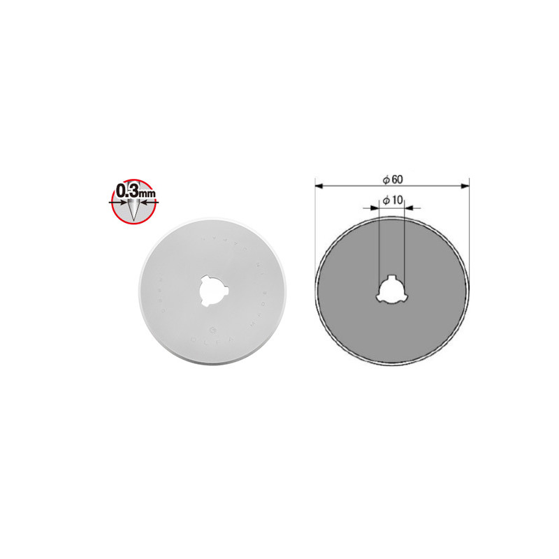 OLFA ostrza RB60H Opakowanie jednostkowe zawiera 1 ostrze krążkowe RB60 -średnica 60mm- w plastikowym pudełku na karcie typu blister.