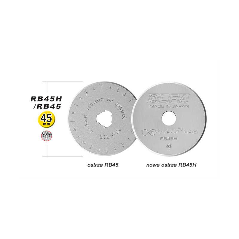 OLFA ostrza RB45H Opakowanie jednostkowe zawiera 1 ostrze krążkowe RB45 -średnica 45mm- w plastikowym pudełku na karcie typu blister. OLFA ostrza RB45H Opakowanie jednostkowe zawiera 1 ostrze krążkowe RB45 -średnica 45mm- w plastikowym pudełku na karcie typu blister.