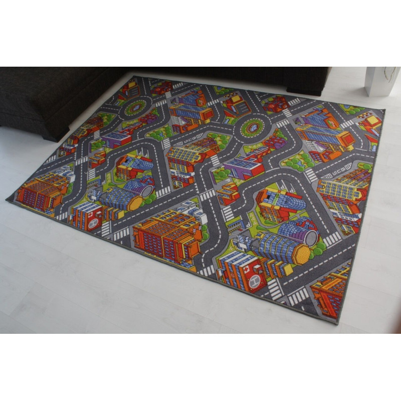 Kinderteppich Big City Spielteppich Straßenteppich Junge Auto Autoteppich  grau