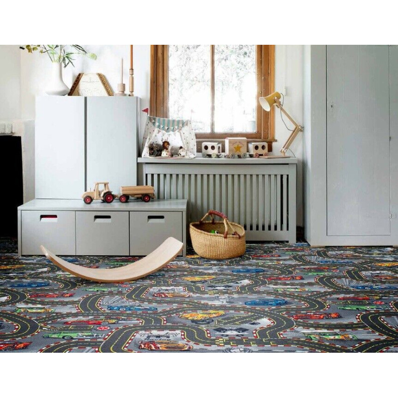 Kinderteppich Spielteppich Straßenteppich Racers Straßen Autos Cars grau Attest